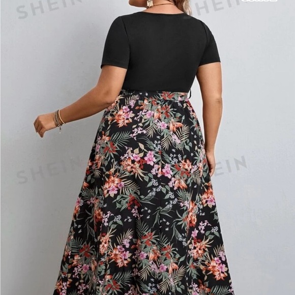 SHEIN VCAY Curve Plus 2X Tropical Print Black Split Thigh Maxi Dress NWT - Picture 7 of 12